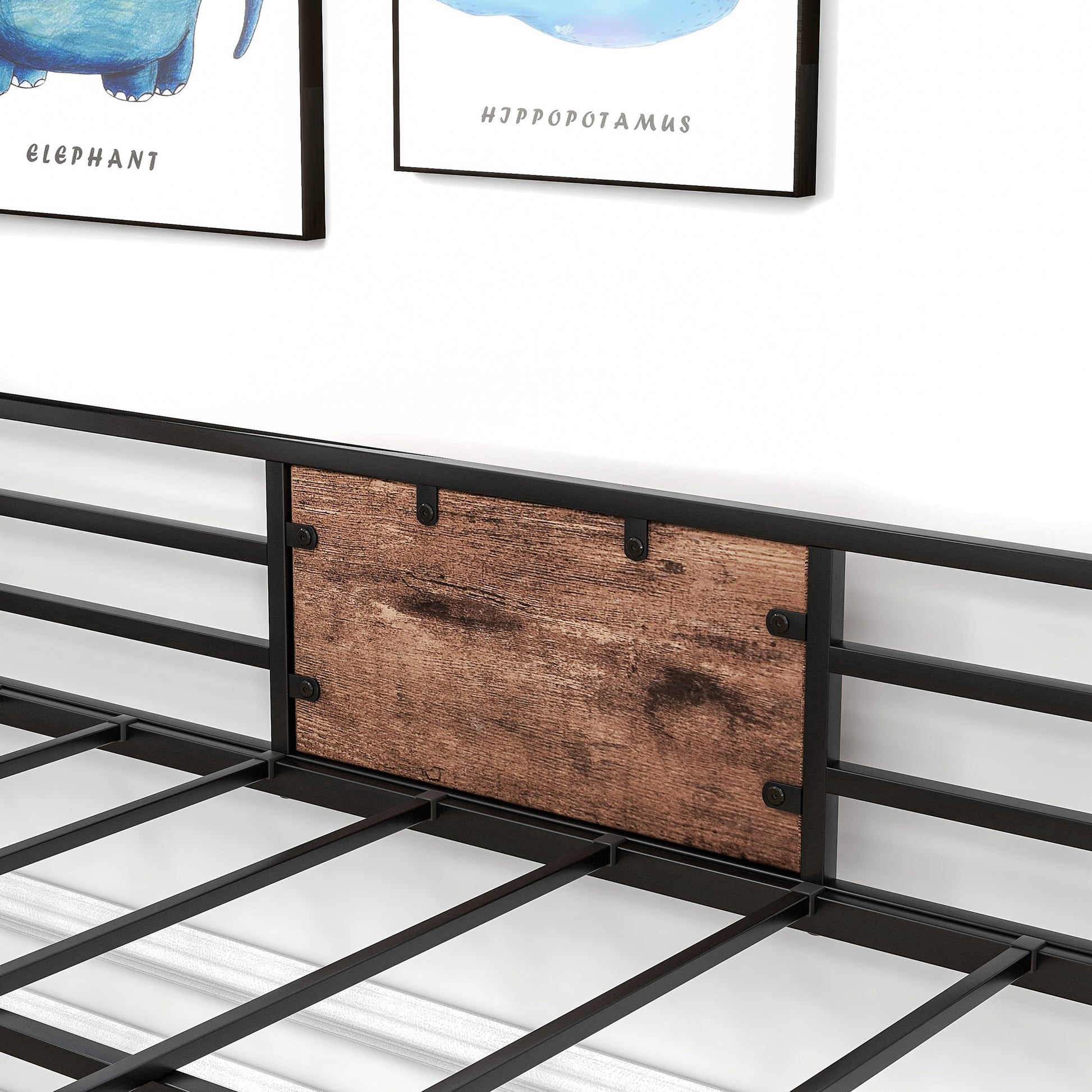 Rustic wood panel headboard accent on a black metal bed frame