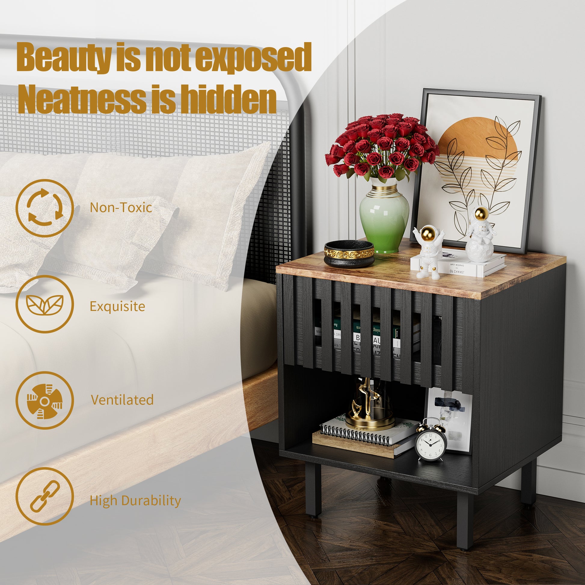 Modern black bedside table with slatted door and woodgrain top