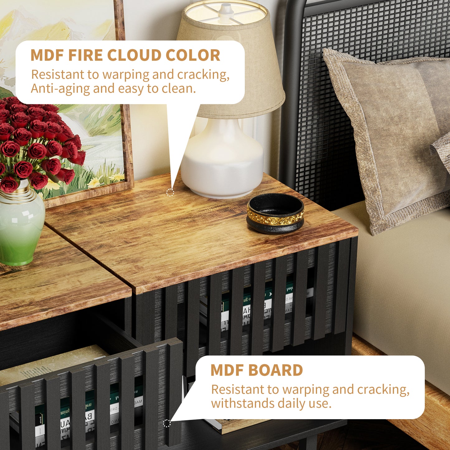 MDF nightstand with rustic wood top and black slatted doors perfect for bedrooms
