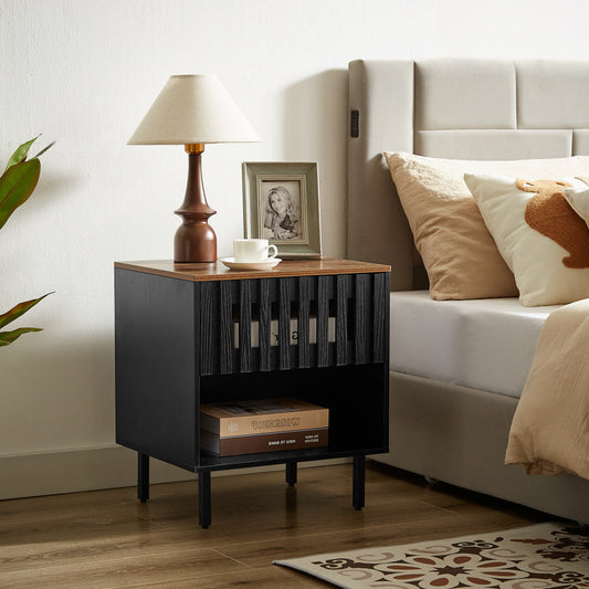 Black wood nightstand with slatted door and open shelf
