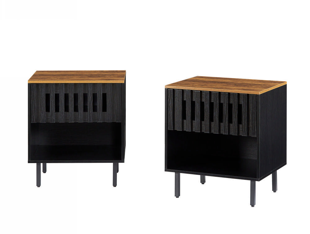 Black bedside table with wood top and slatted drawer front
