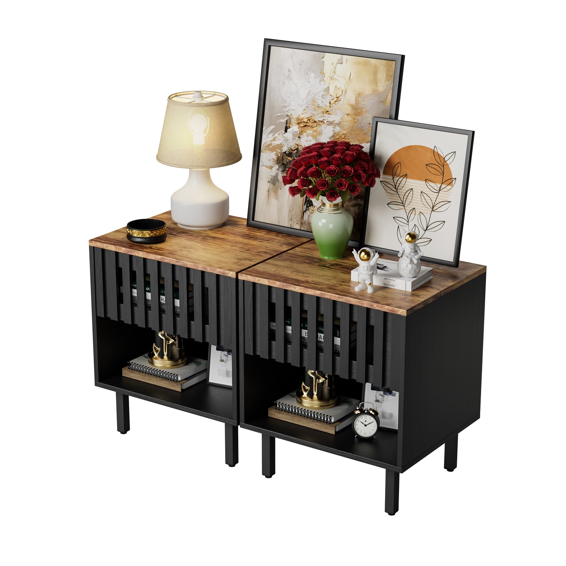 Black metal and wood bedside tables with decorative items