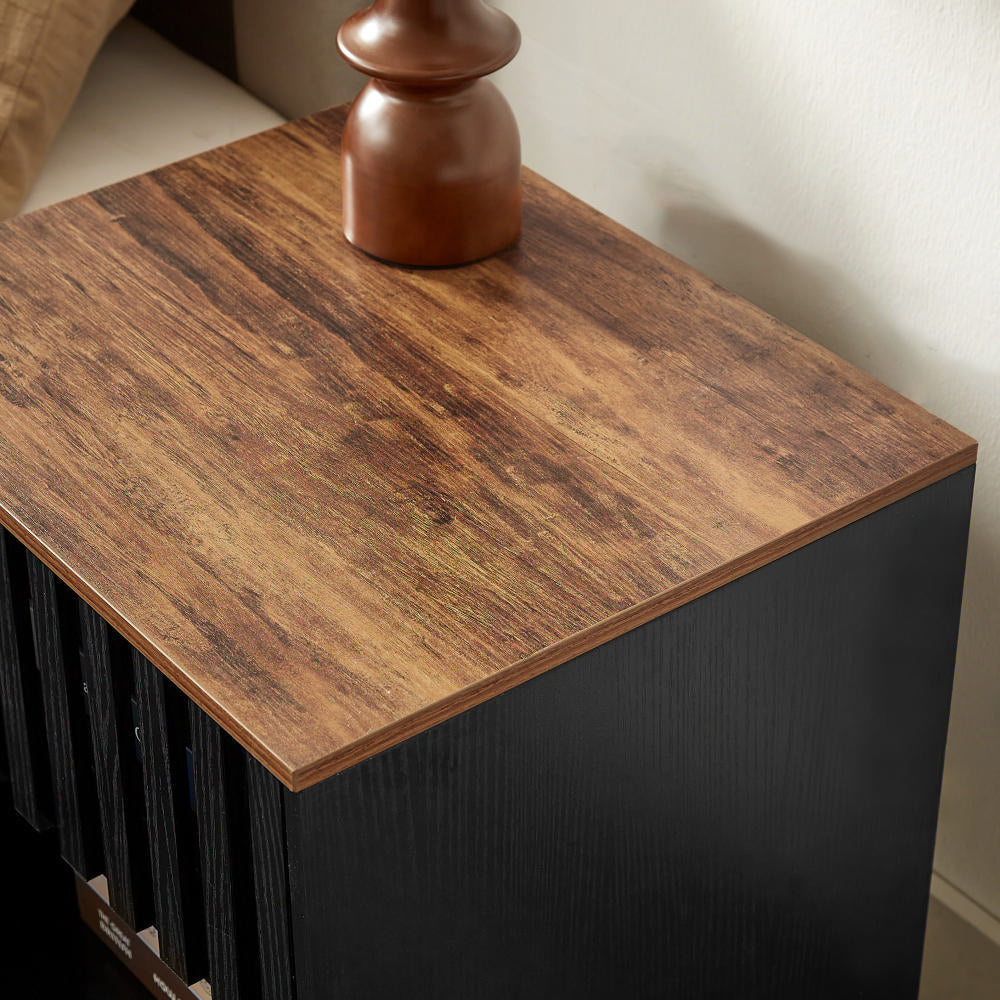 Rustic oak veneer bedside table with black cabinet