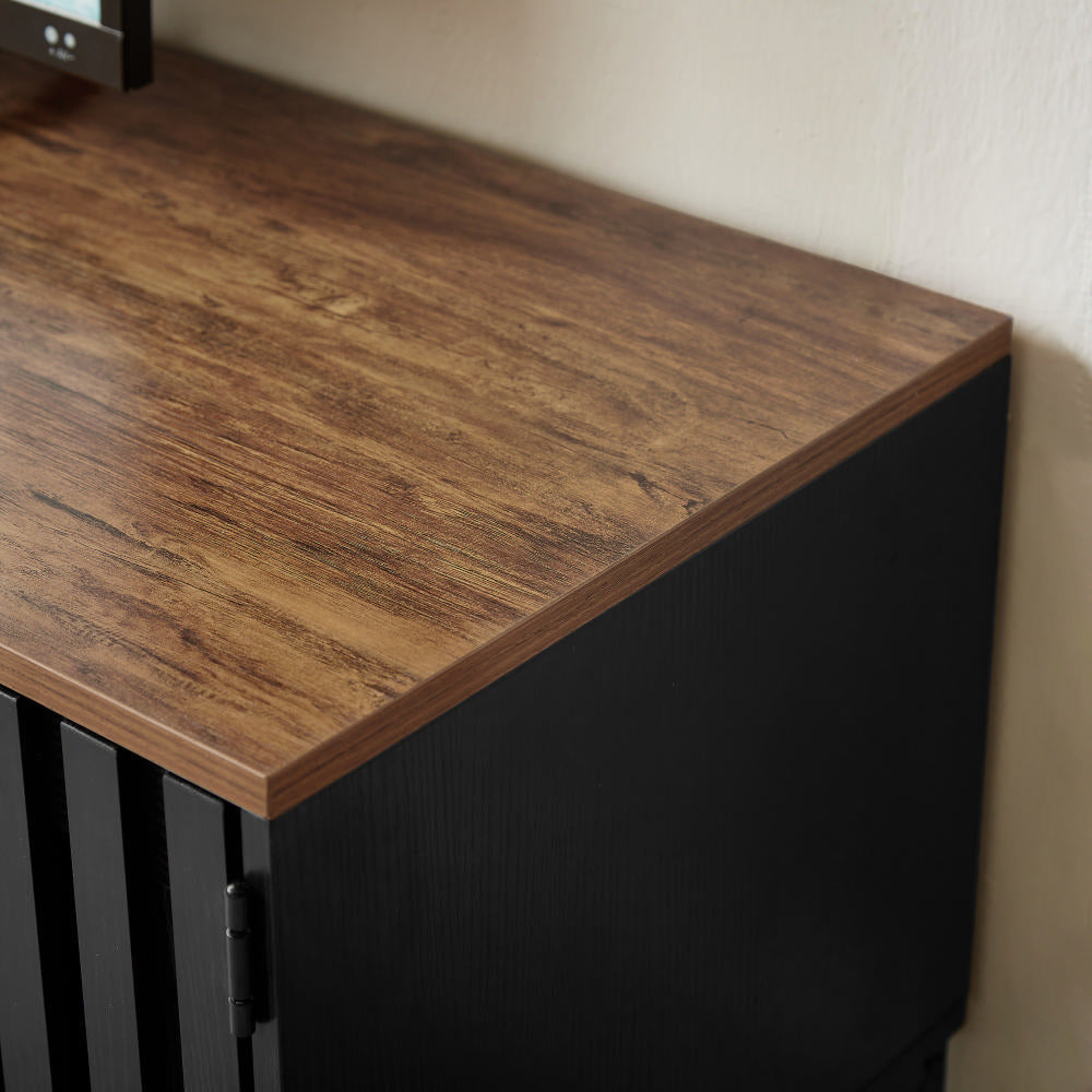 Black media console with rustic wood top detail