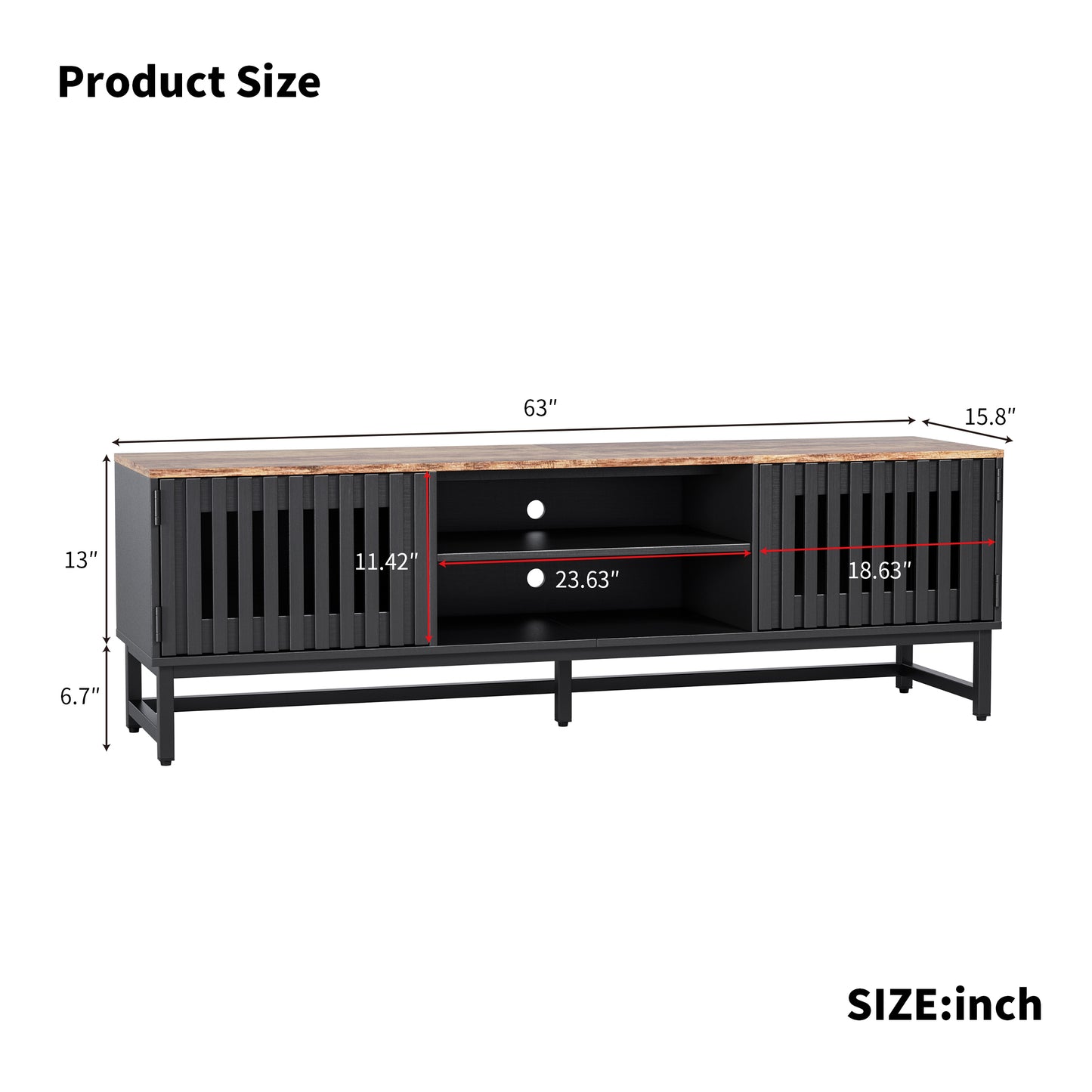 inch dark gray media console with rustic wood top and slatted doors