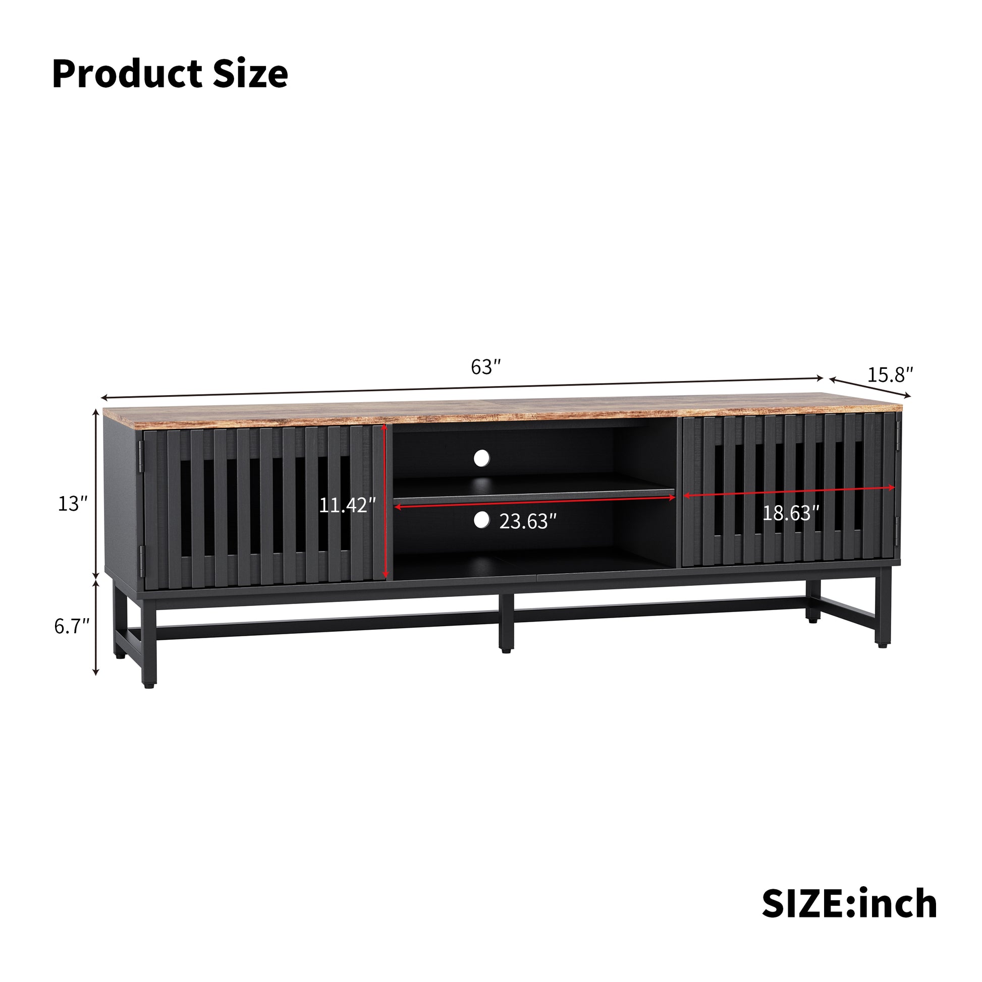 inch dark gray media console with rustic wood top and slatted doors