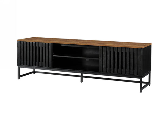 Black media console with slatted doors and wood top