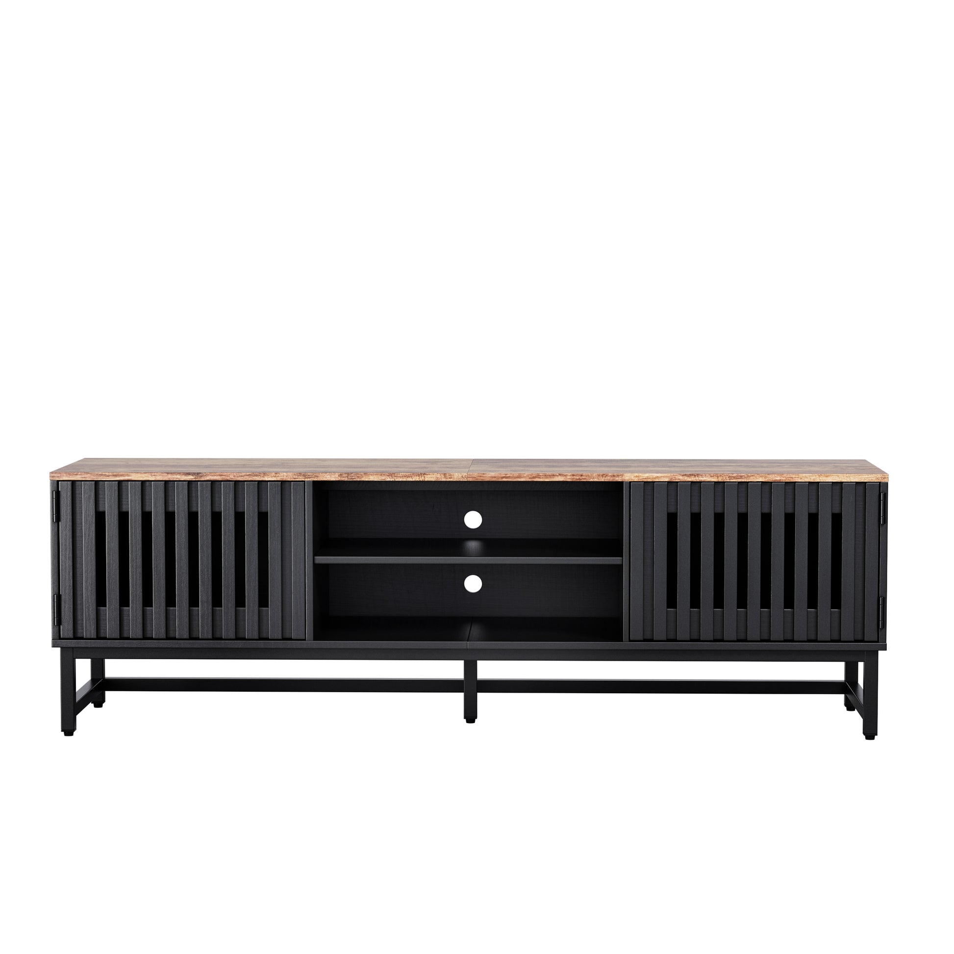 Sleek black media console with slatted doors and natural wood top