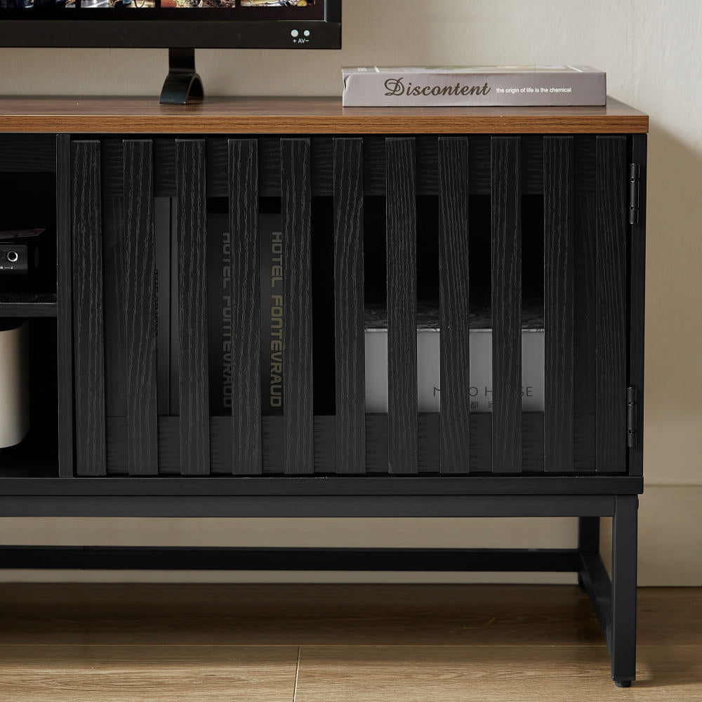 Black slatted media console with wood top and metal legs