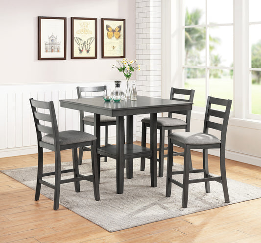 TREATLIFE HOME Classic Counter Height Dining Set with Shelves, Gray Finish, 5-Piece Square Table and Cushioned High Chairs