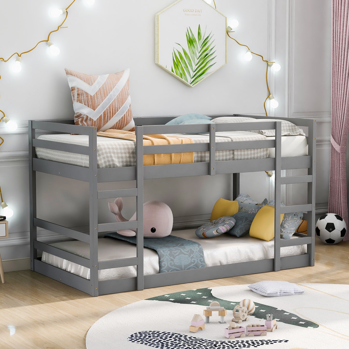 TREATLIFE HOME Twin Over Twin Bunk Bed with Ladder, Solid Pine Wood Frame, Functional Space-Saver, Modern Design, Gray