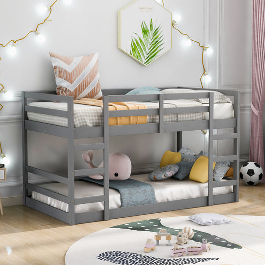 TREATLIFE HOME Twin Over Twin Bunk Bed with Ladder, Solid Pine Wood Frame, Functional Space-Saver, Modern Design, Gray