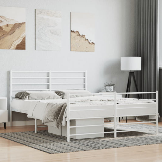 Modern white metal bed frame with a slatted headboard queen size
