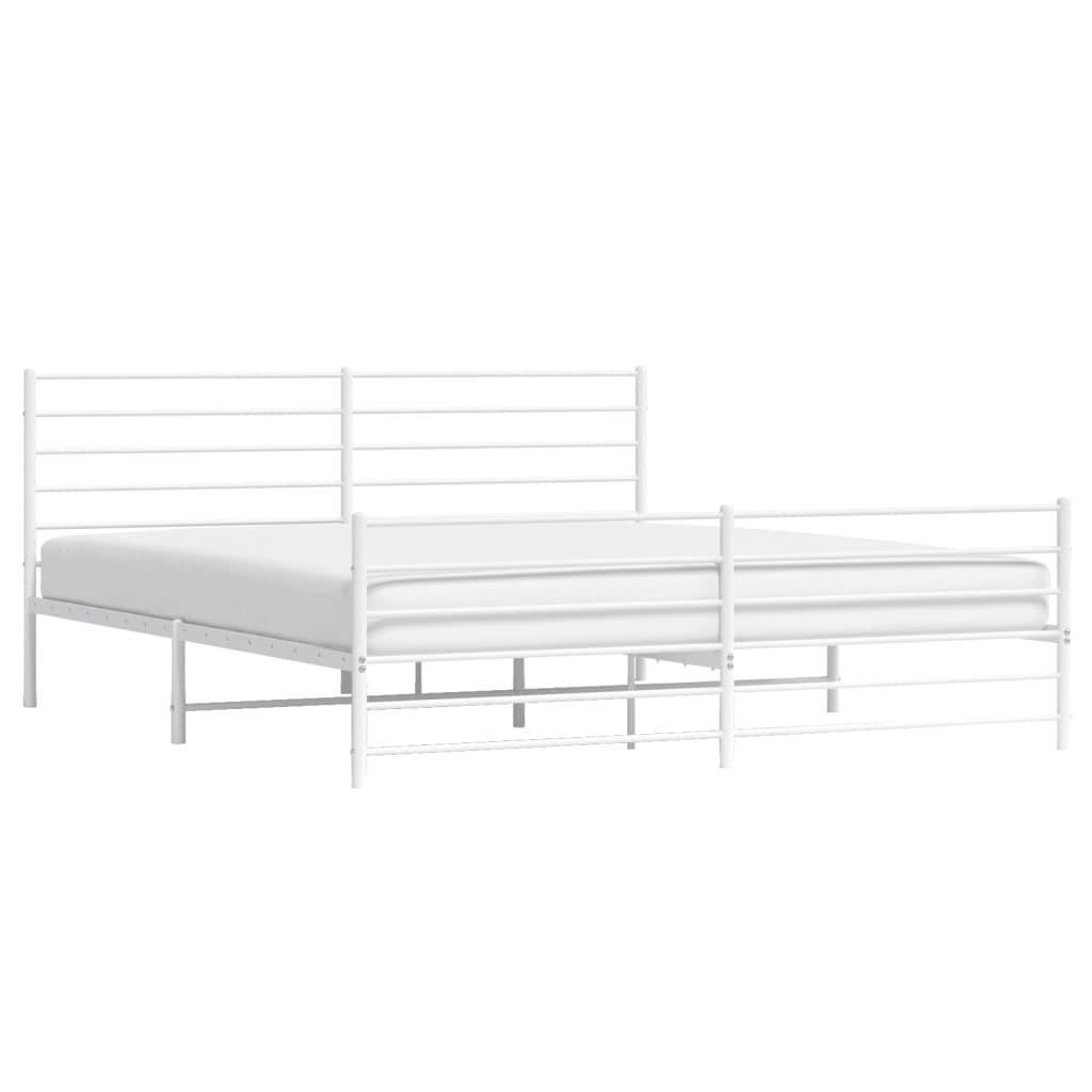 White metal bed frame with horizontal slats and a slatted headboard and footboard