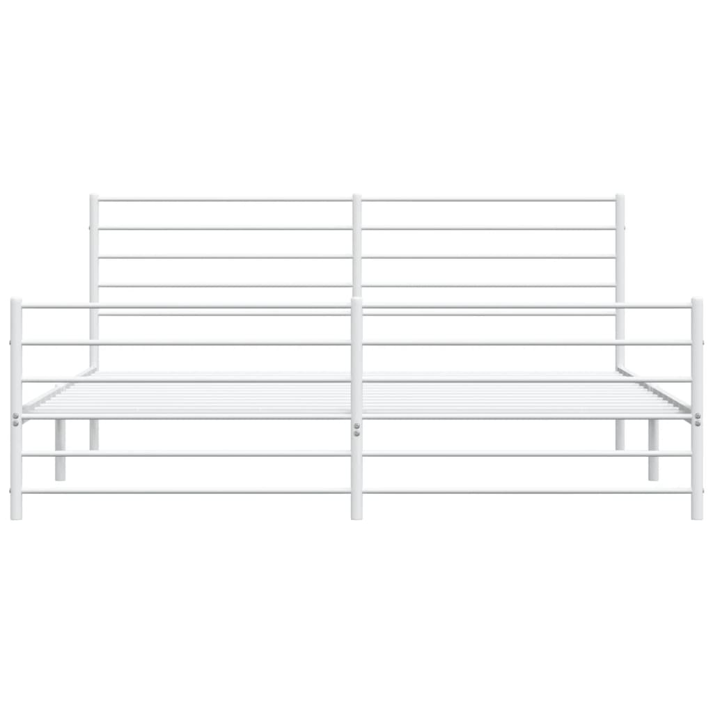 White metal platform bed frame with horizontal slats on the headboard and footboard