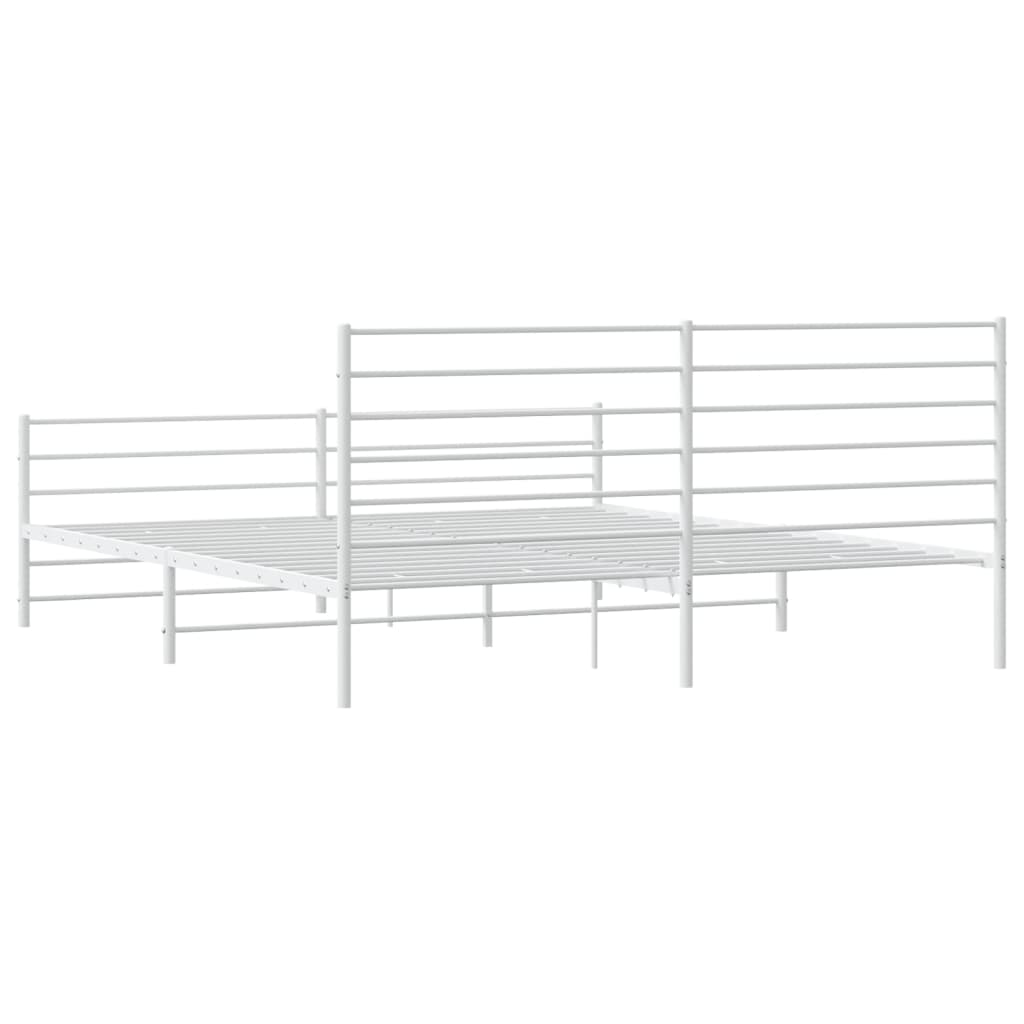 White metal bed frame with horizontal slats and a simple headboard