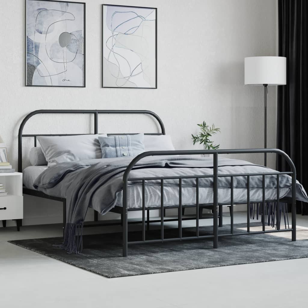Black metal platform bed frame with arched headboard and footboard
