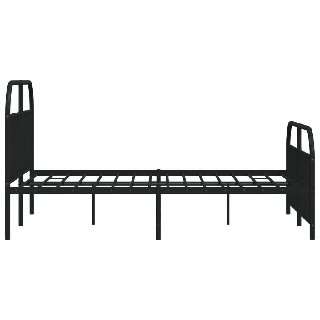 Black metal bed frame with curved headboard and footboard featuring a slatted base