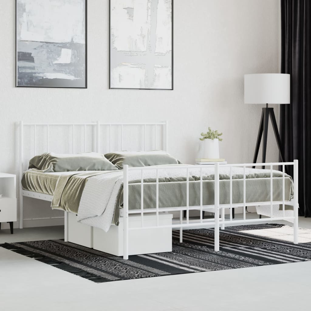 Modern white metal bed frame with a minimalist design and slatted headboard