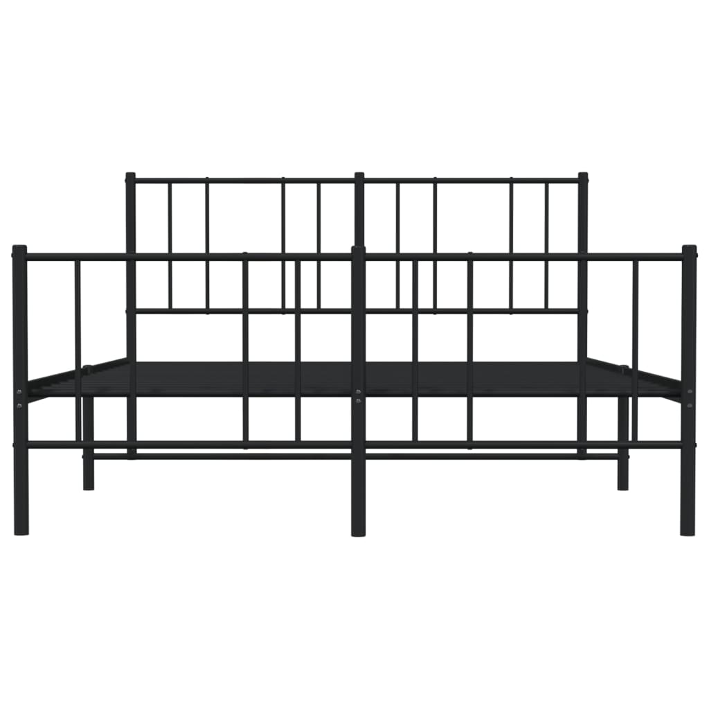 Modern black metal bed frame with white mattress and vertical slats on headboard and footboard