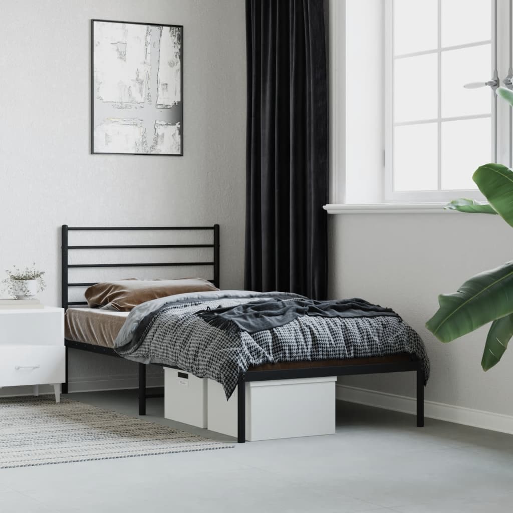 Modern black metal twin bed frame with horizontal headboard and footboard