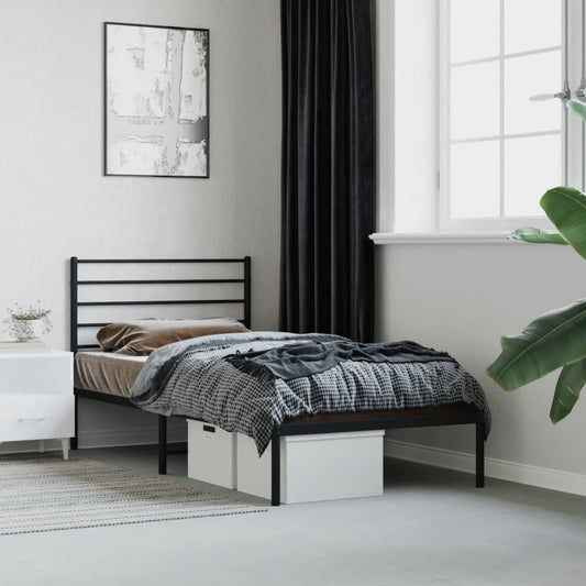 Modern black metal twin bed frame with horizontal headboard and footboard