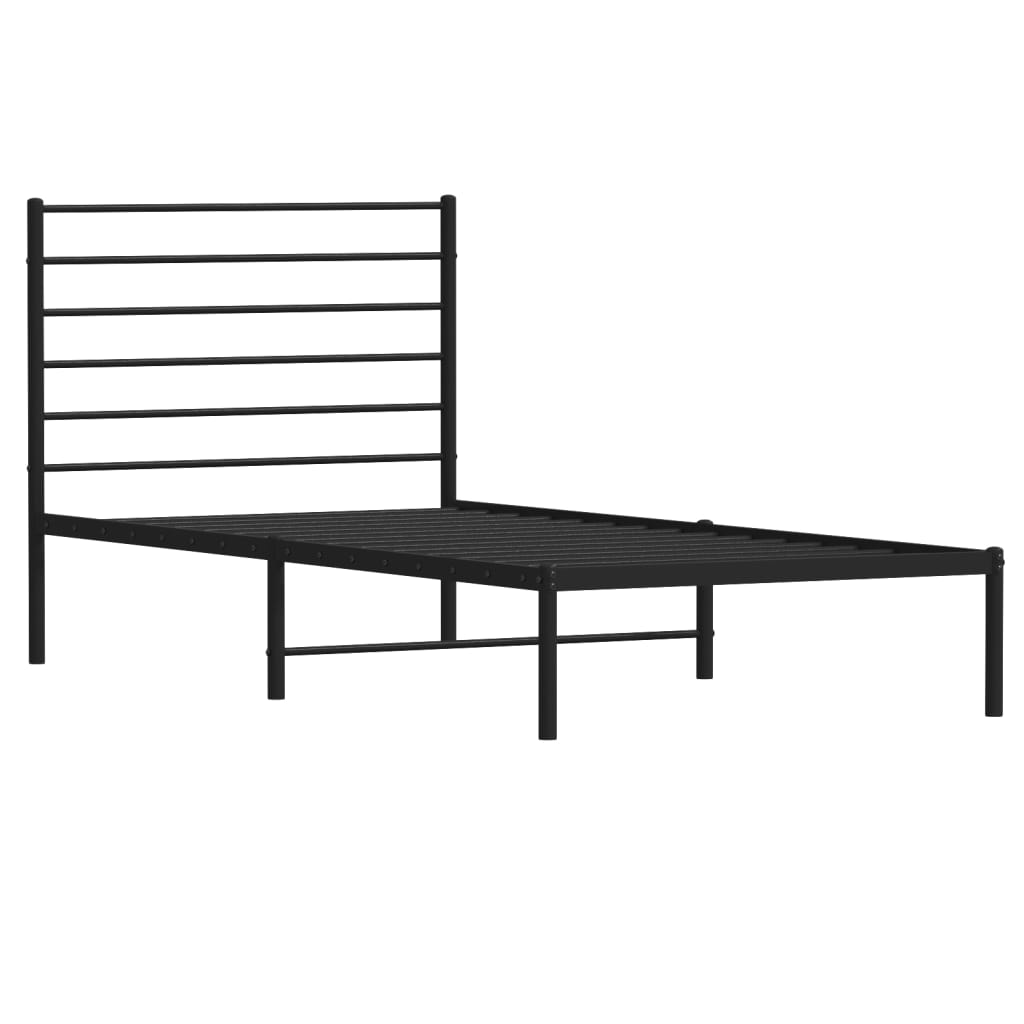 Black metal twin bed frame with horizontal slats on headboard