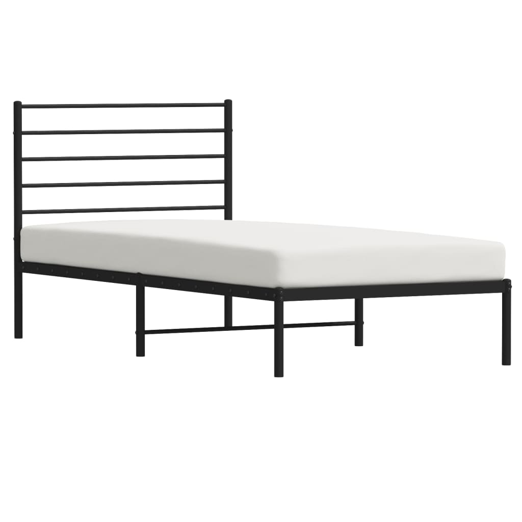 Black metal twin bed frame with horizontal slats on headboard