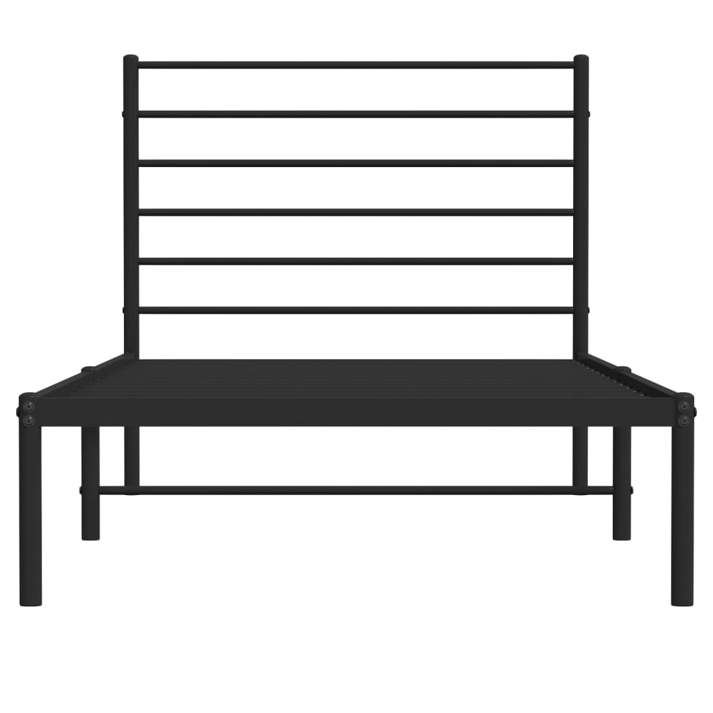 Black metal twin bed frame with a minimalist horizontal slat headboard and white mattress