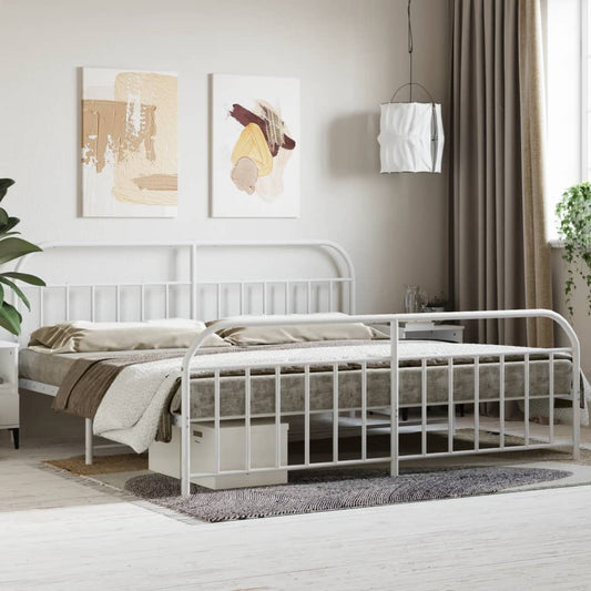 White metal king bed frame with curved headboard and footboard