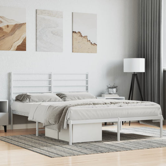 White metal bed frame with a slatted headboard and footboard queen size