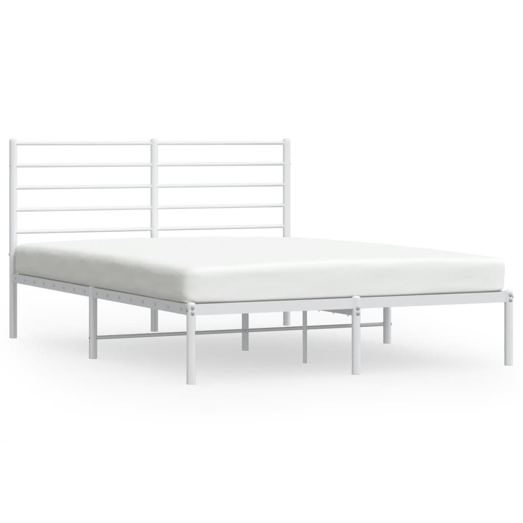 Line drawing of a white metal bed frame with a slatted headboard and footboard dimensions indicated