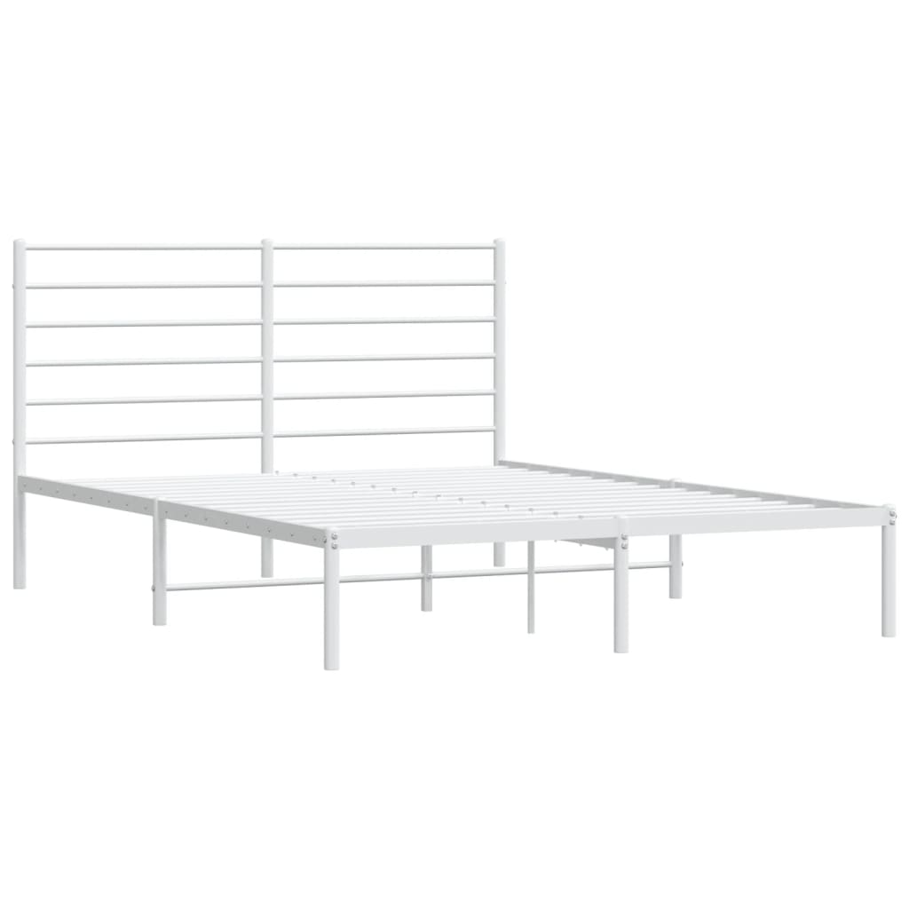 White metal bed frame with a slatted headboard and mattress