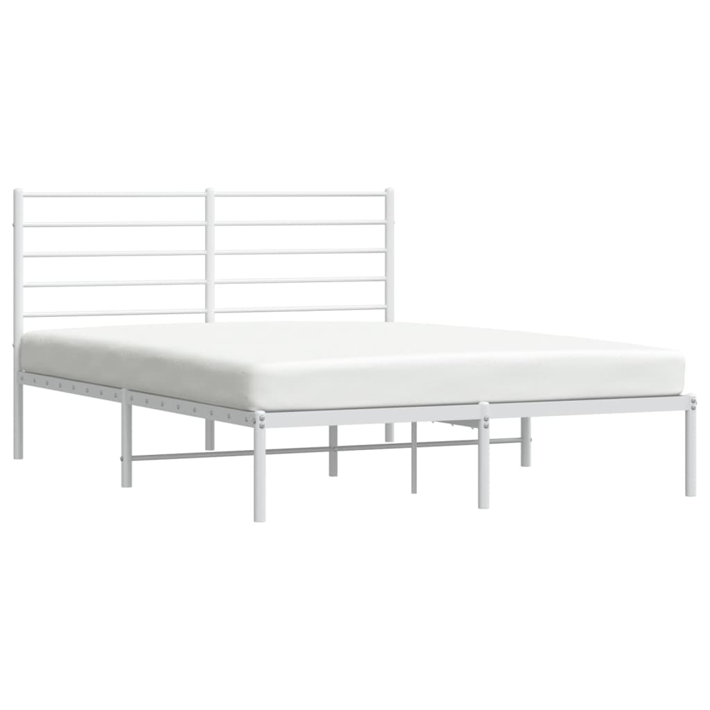 Modern white metal bed frame with a slatted headboard