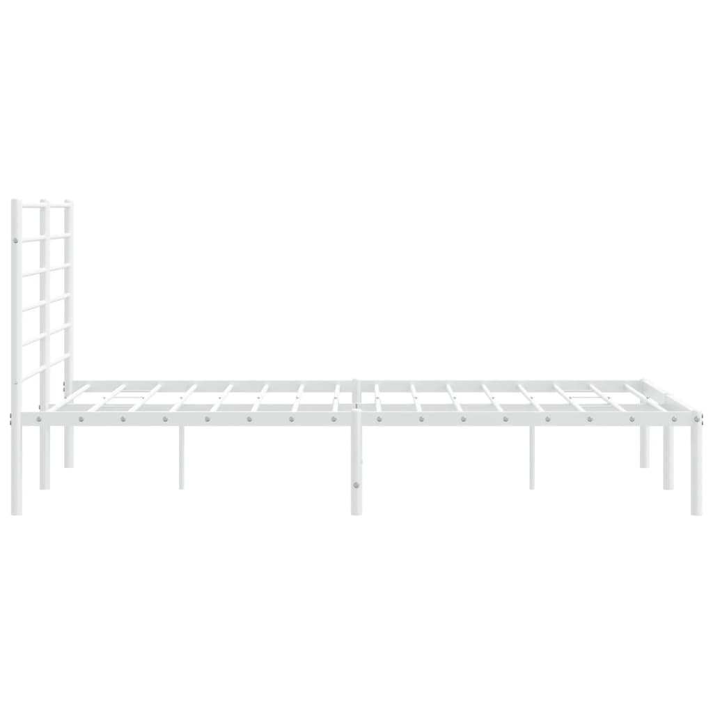 White metal bed frame with horizontal slats and a modern headboard