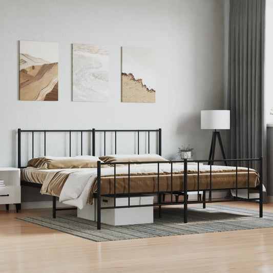 Black metal platform bed frame with simple headboard and footboard