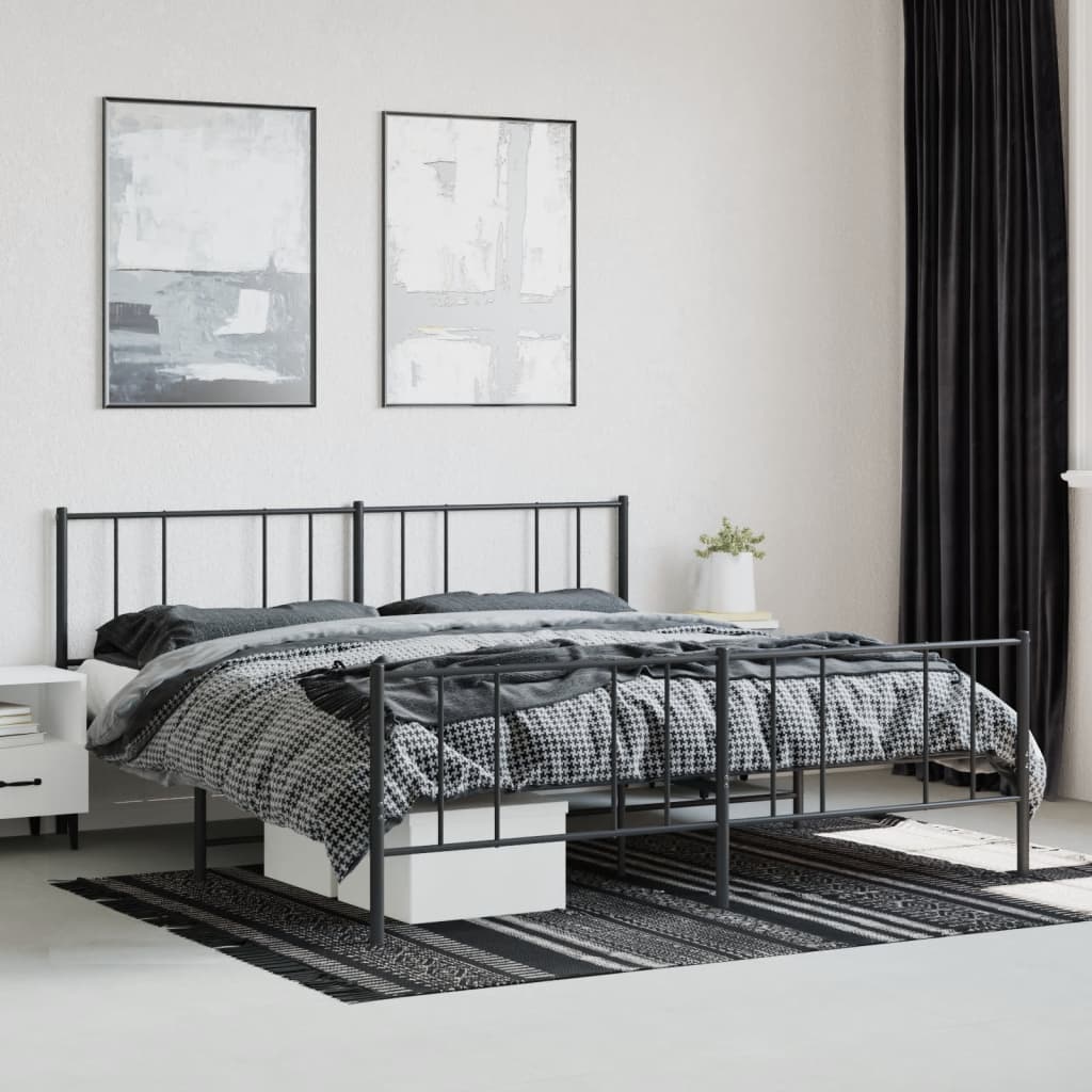 Modern black metal bed frame with sleek vertical supports and integrated headboard perfect for contemporary bedrooms