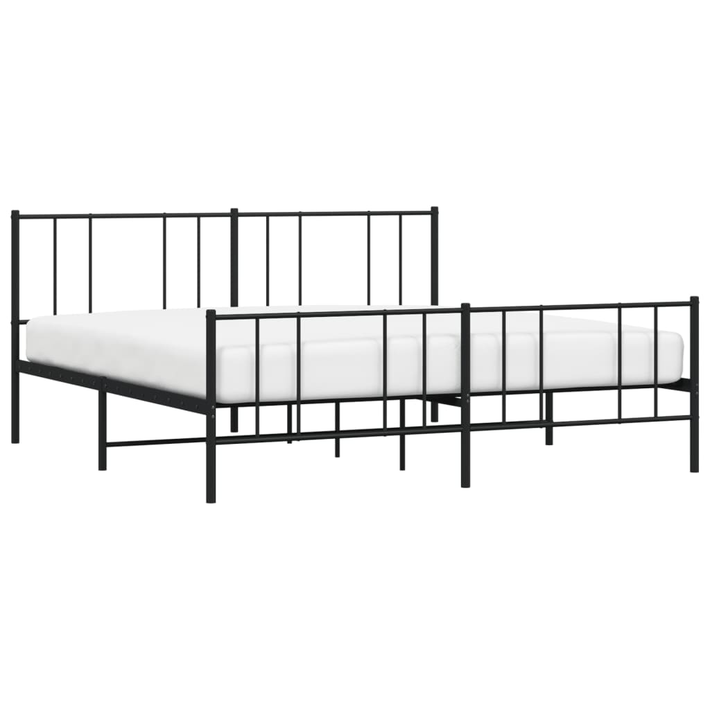Black metal platform bed frame with vertical slats on headboard and footboard