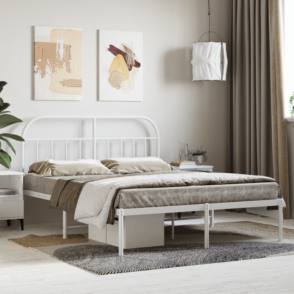 White metal queen bed frame with arched headboard and footboard
