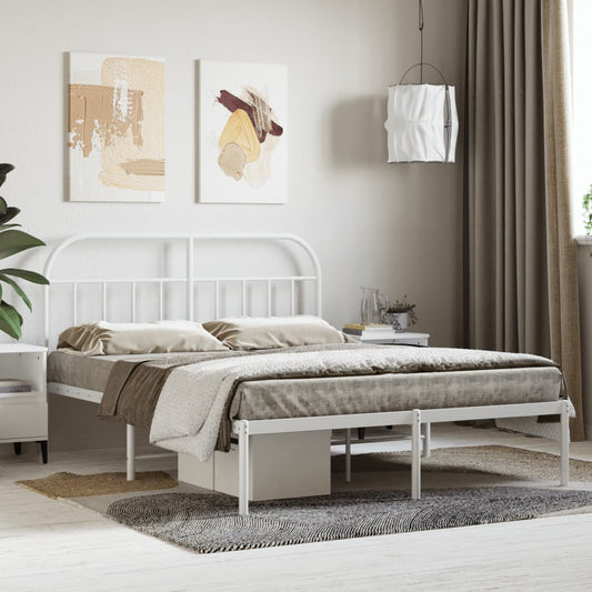 White metal queen bed frame with arched headboard and footboard