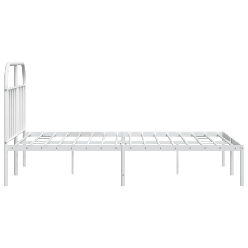 White metal bed frame with a curved headboard and slatted platform support
