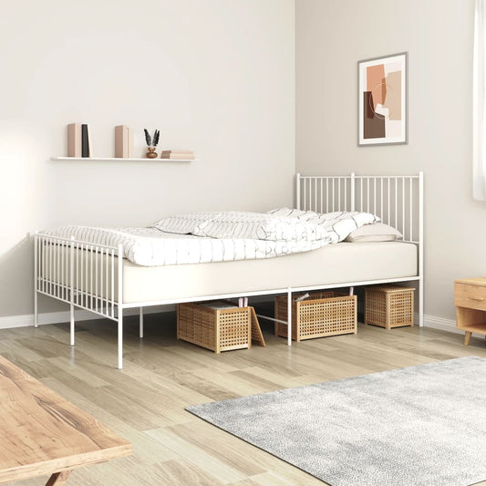 Modern white metal bed frame with slatted headboard and footboard