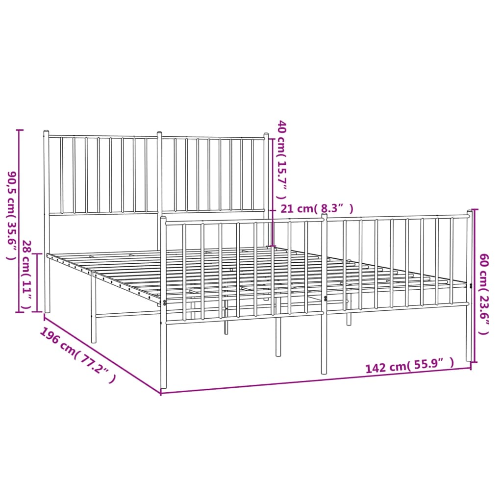 White metal bed frame with vertical slat headboard and footboard