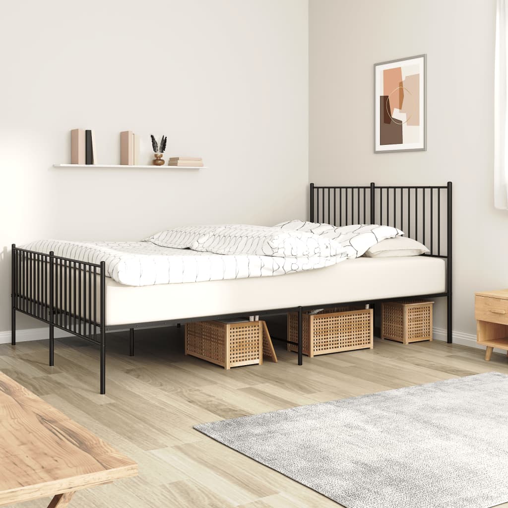 Modern black metal full size bed frame with slatted headboard and footboard