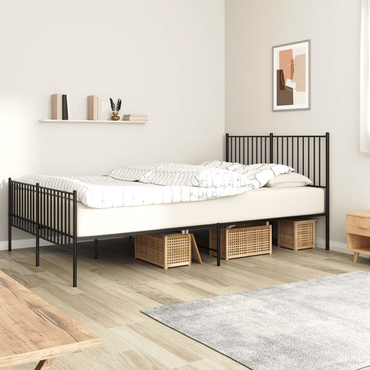 Modern black metal full size bed frame with slatted headboard and footboard
