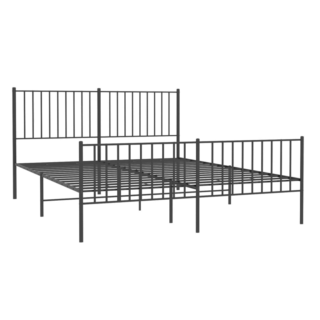 Modern black metal bed frame with vertical slats and a white mattress