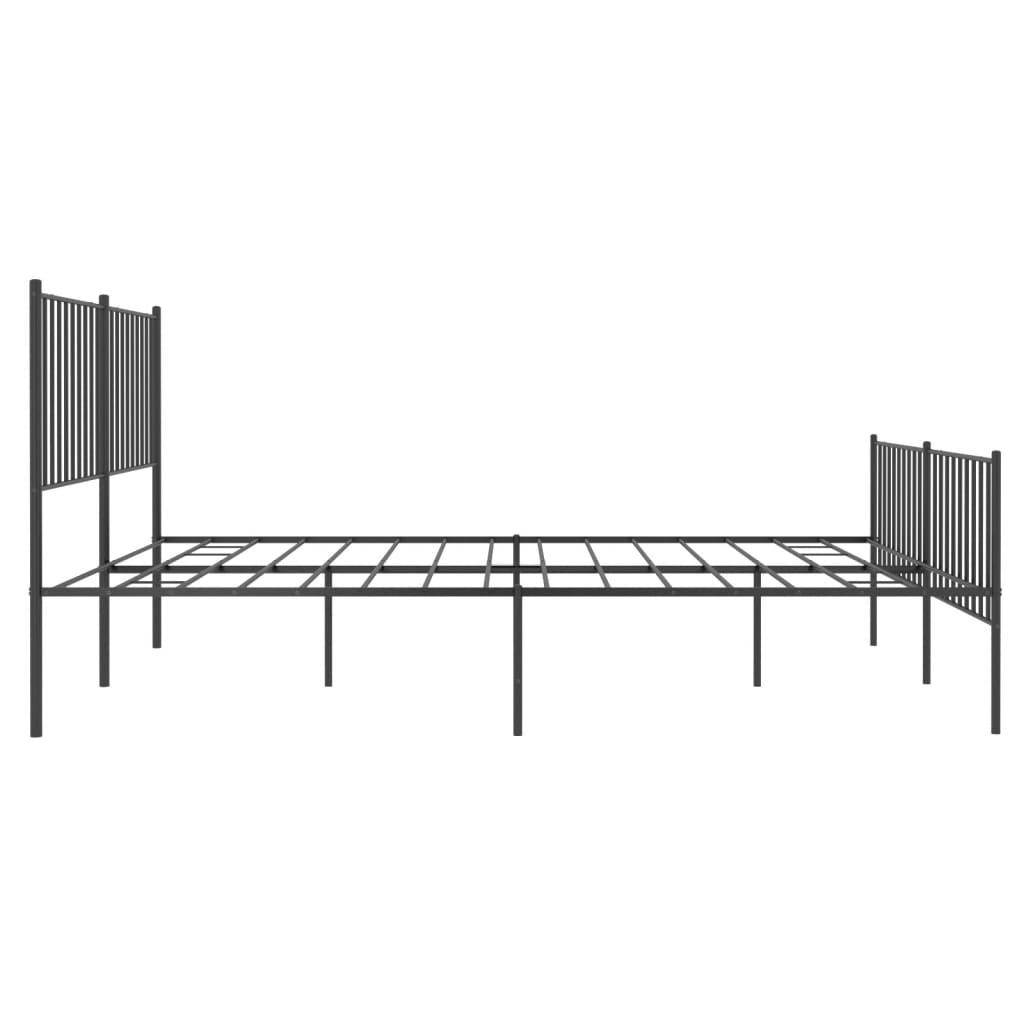 Minimalist black metal bed frame with a slatted headboard and footboard