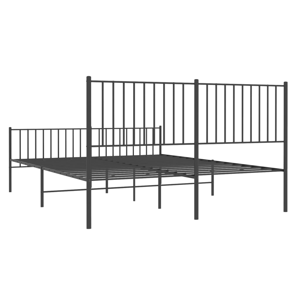 Minimalist black metal bed frame with vertical slat headboard