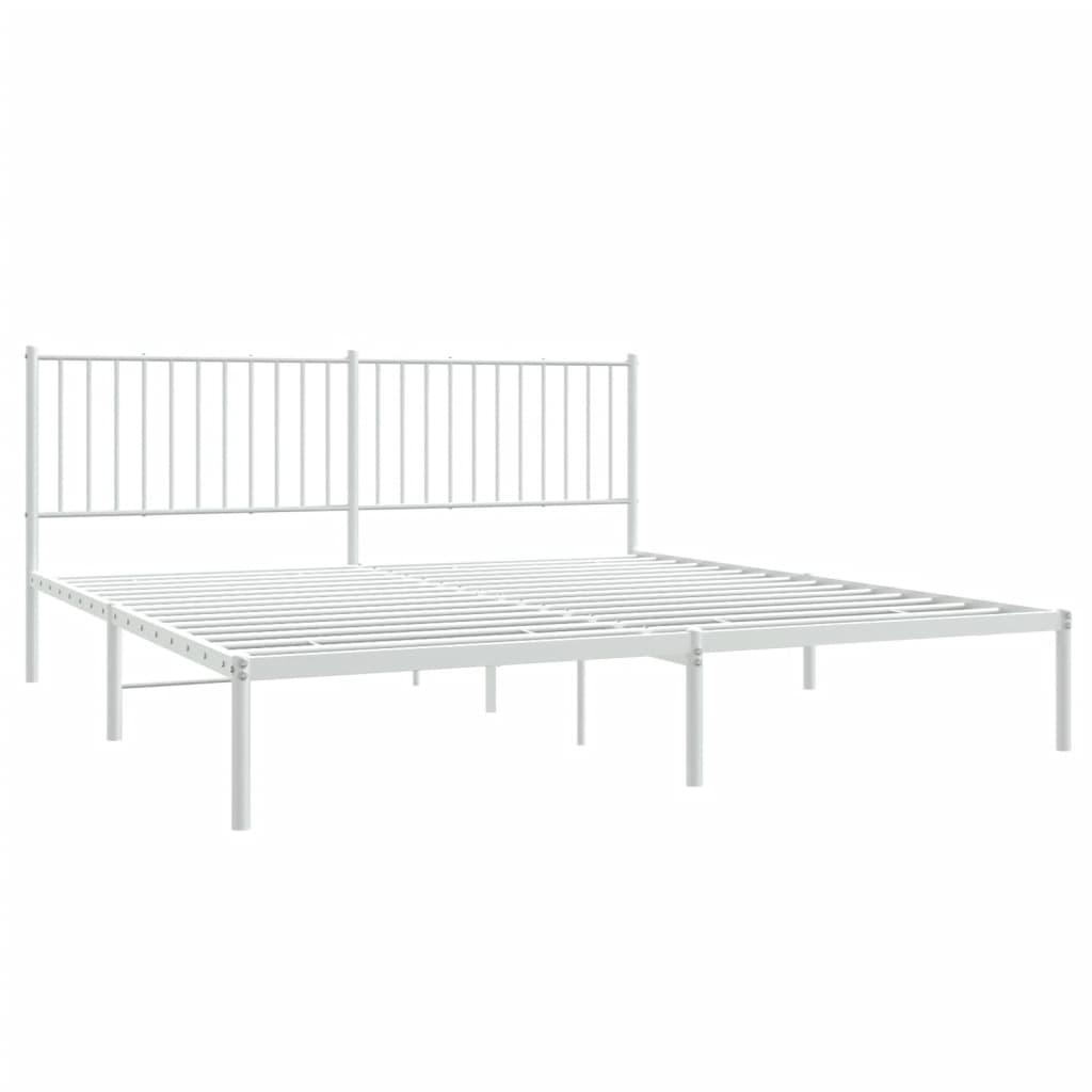 White metal bed frame with a slatted headboard and mattress support