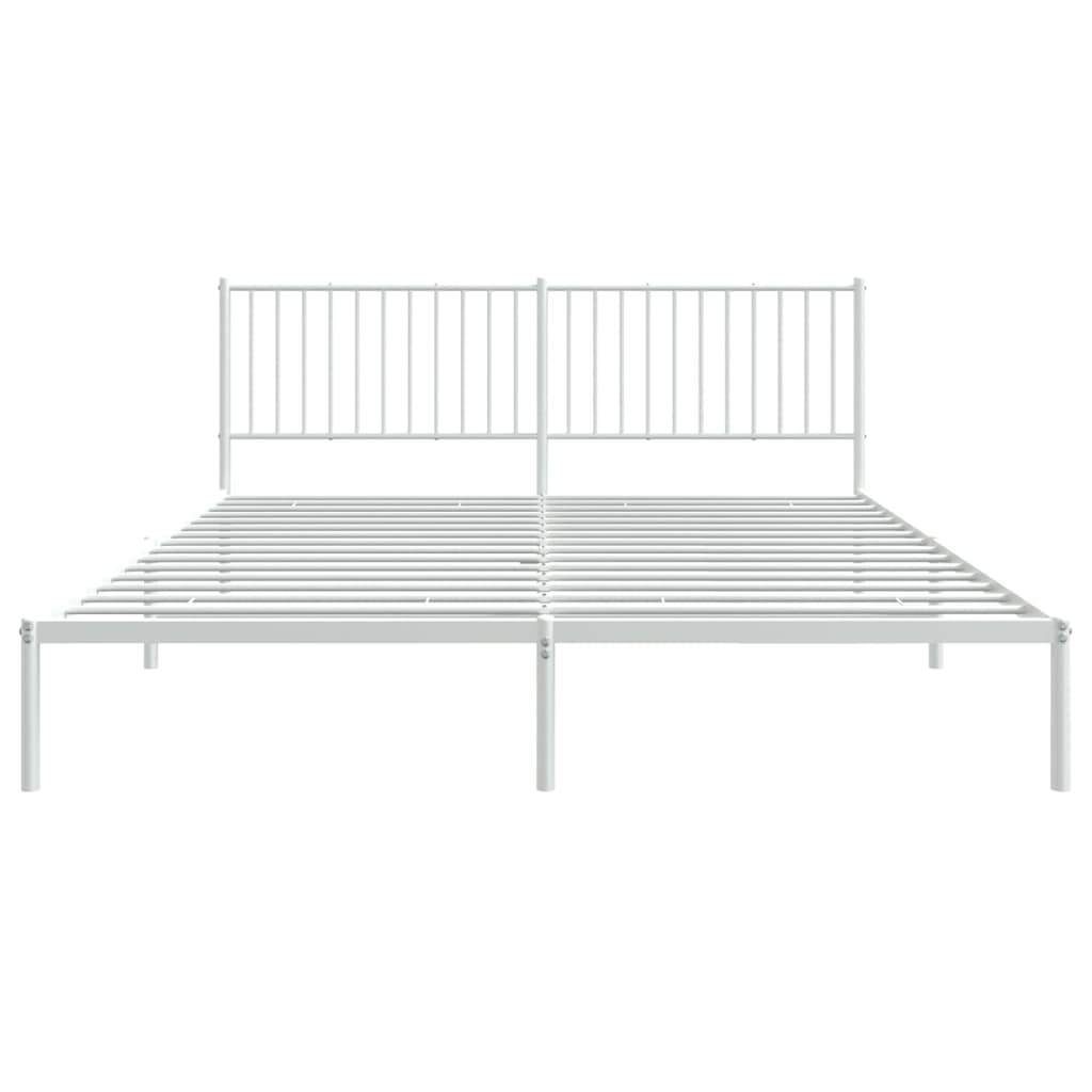 White metal bed frame with slatted base and vertical bar headboard